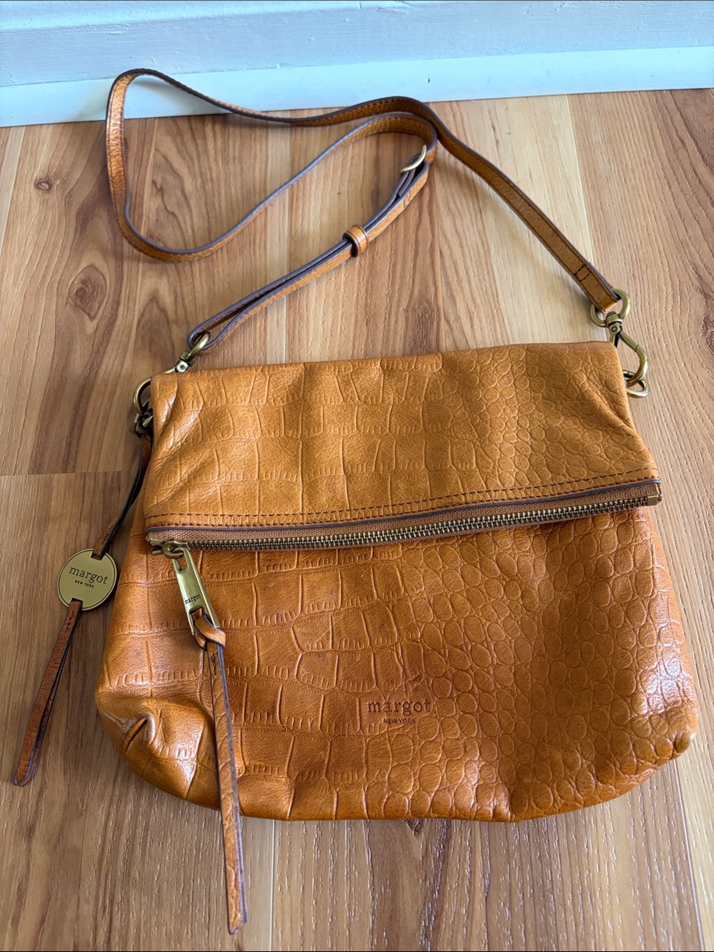 Margot Embossed Leather Fold Over Crossbody Purse